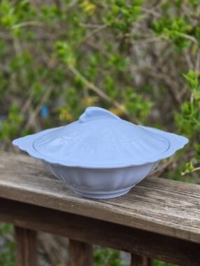 Vintage Light Blue Ceramic Lidded Serving Bowl